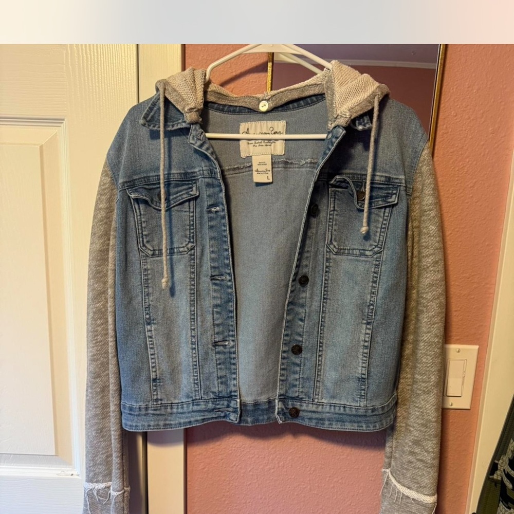 Blue Denim Jacket with Gray Sleeves